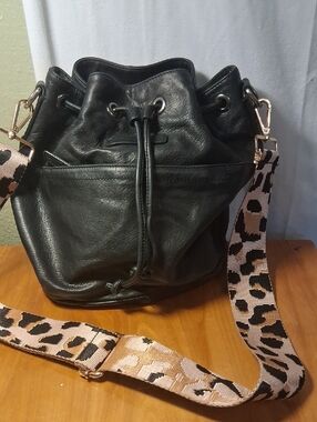 The Frye Company Black Drawstring Bucket Bag with Leopard Print Strap
